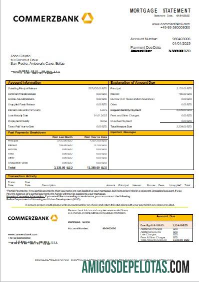 Extrato de hipoteca do Belize Commerzbank Bank Scr exemplo real